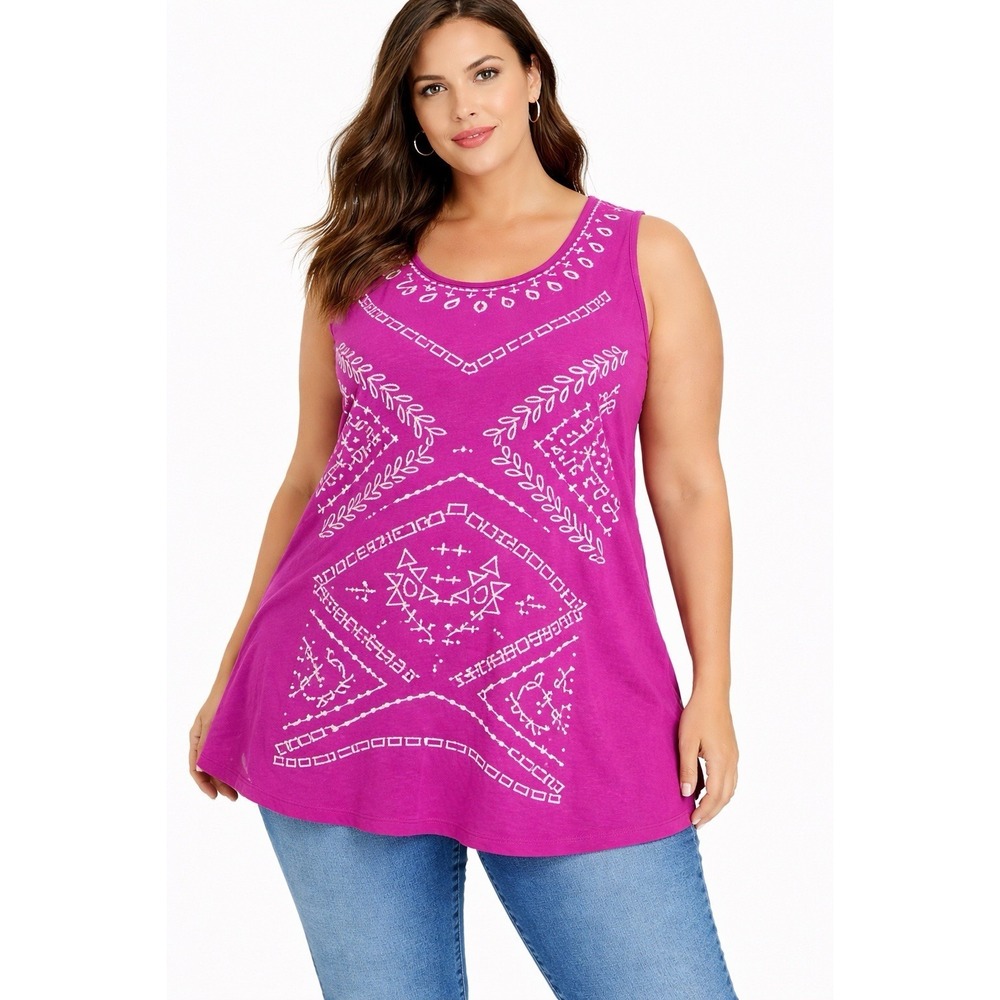 Sonoma 3X Pink Embroidered Sleeveless Tunic Top Boho Cotton‎ Plus Casual Resort
